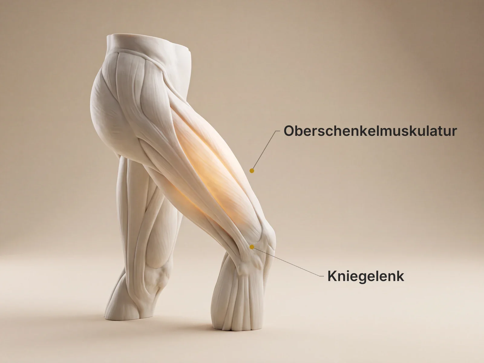 Anatomische Darstellung des Beins mit beschrifteter Oberschenkelmuskulatur und Kniegelenk – Krankengymnastik am Gerät bei Physiomedic in Eltville