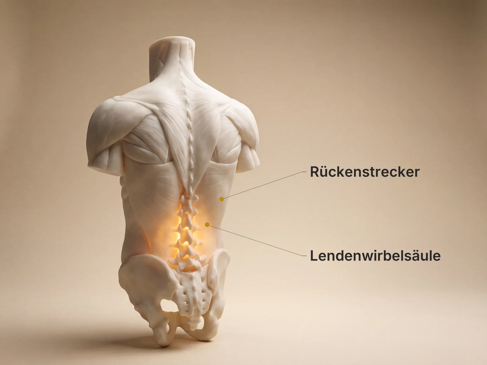 Anatomische Darstellung des Rückens mit beschrifteter Lendenwirbelsäule und Rückenstrecker – Krankengymnastik bei Physiomedic in Eltville