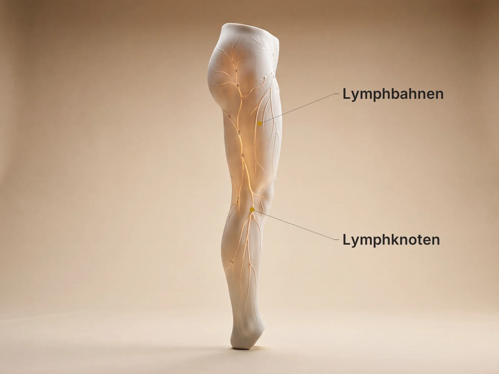 Anatomische Darstellung des Beins mit beschrifteten Lymphbahnen und Lymphknoten – Manuelle Lymphdrainage bei Physiomedic in Eltville