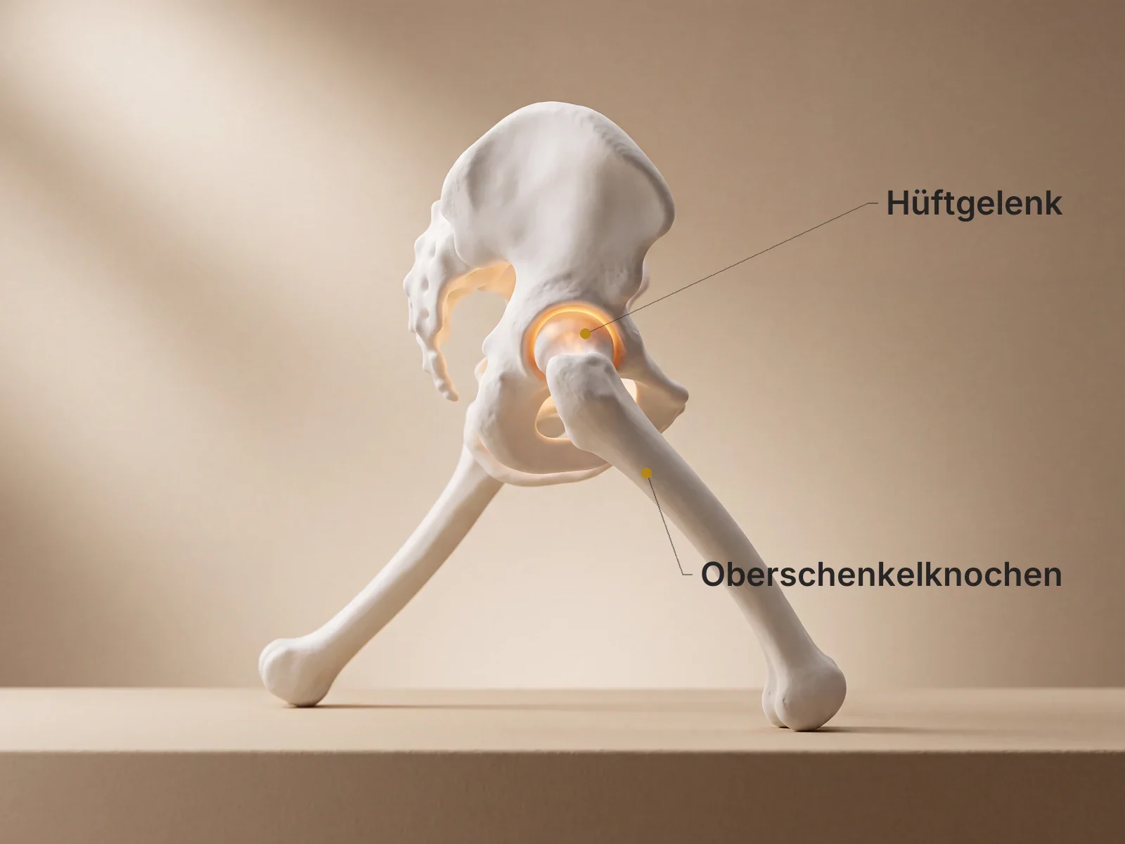 Anatomische Darstellung von Becken und Hüfte mit beschriftetem Hüftgelenk und Oberschenkelknochen – Privatleistungen bei Physiomedic in Eltville