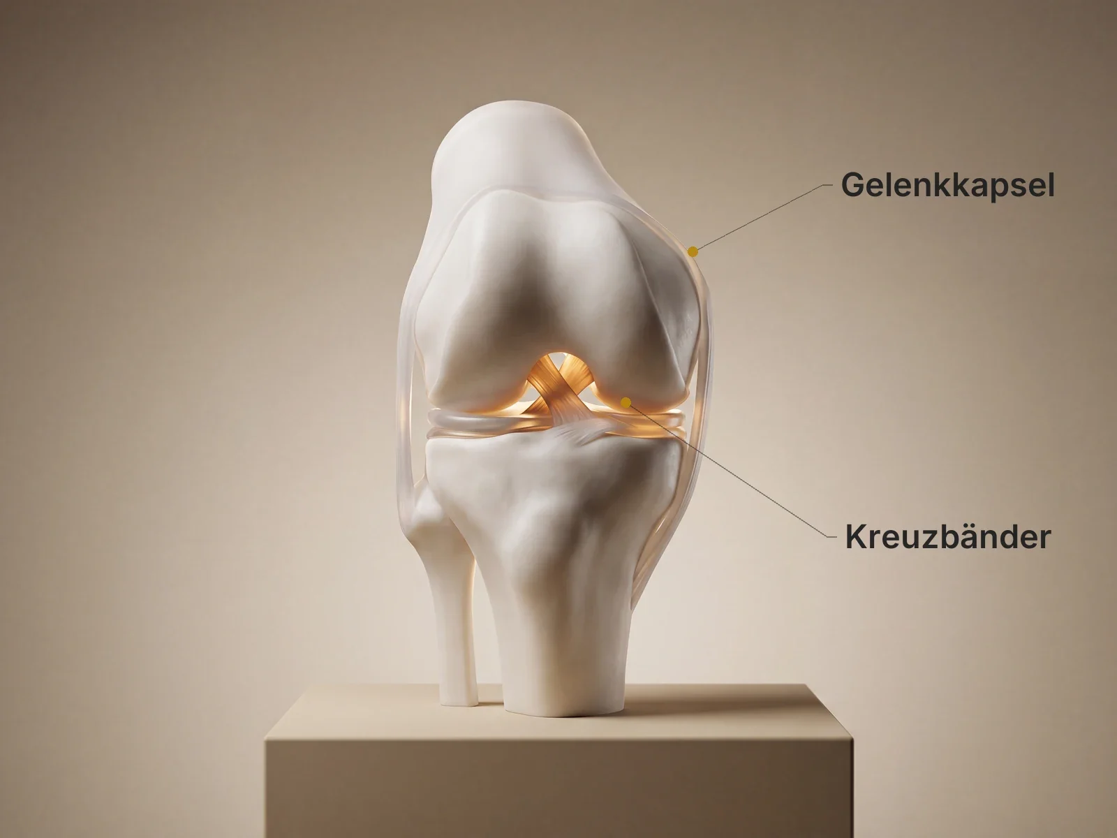 Anatomische Darstellung des Kniegelenks mit beschrifteter Gelenkkapsel und Kreuzbändern – Reha nach Operation bei Physiomedic in Eltville