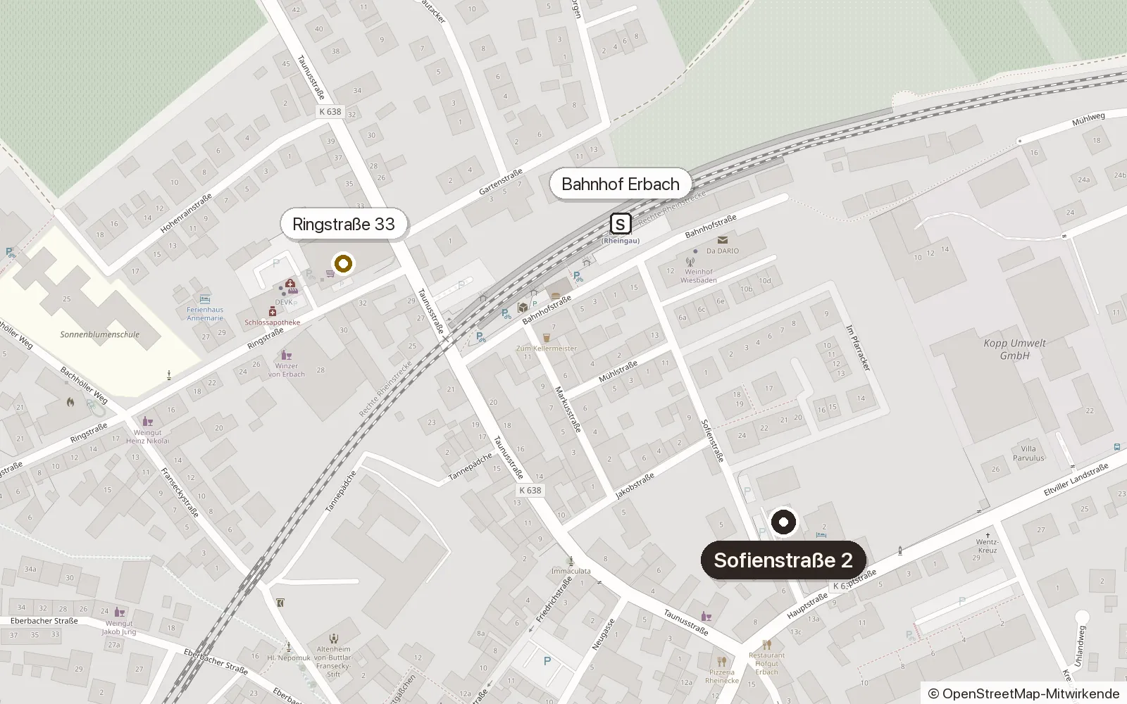 Lageplan von Eltville-Erbach mit der Praxis Physiomedic in der Sofienstraße 2, dem Bahnhof Erbach und der Praxis in der Ringstraße 33
